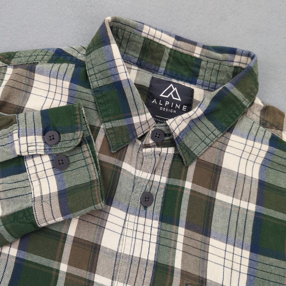 Alpine Design‎ Shirt Mens Medium Green Plaid Flannel Button Up Outdoor Hiking